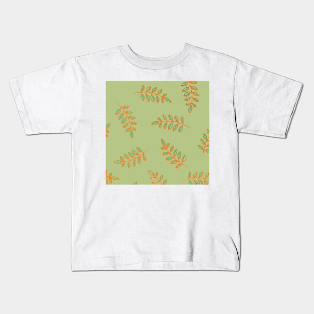 Speckled Leaf Print in sage green, orange, teal blue Kids T-Shirt by djrunnels